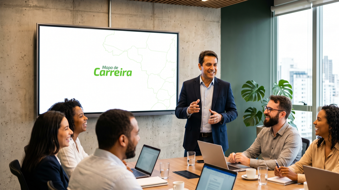 Equipe reunida em sala de reunião com a apresentação Mapa de Carreira na tela